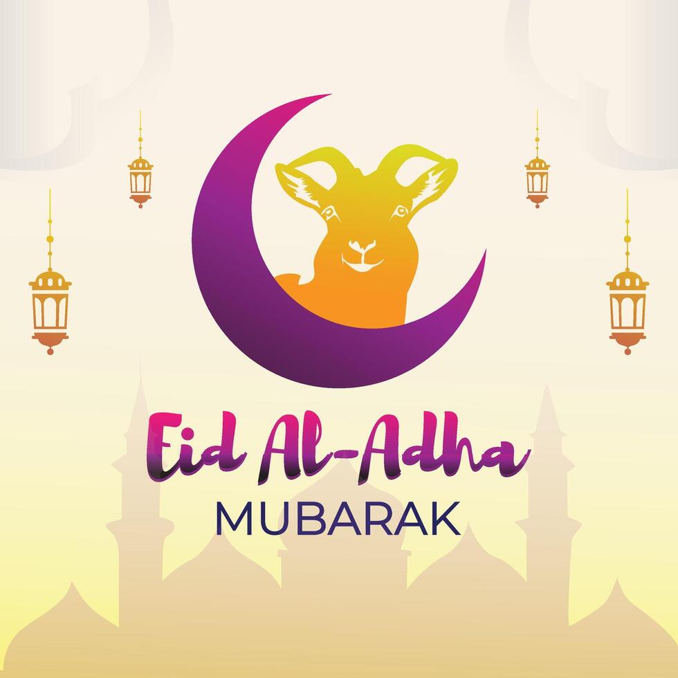 Eid Al Adha Mubarak celebration poster with a colourful illustration of a goat . vector