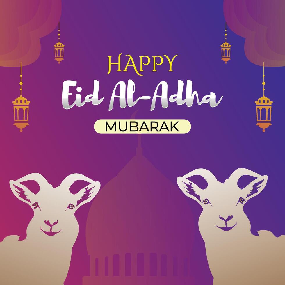 Eid Al Adha Mubarak celebration poster with a colourful illustration of a goat . vector