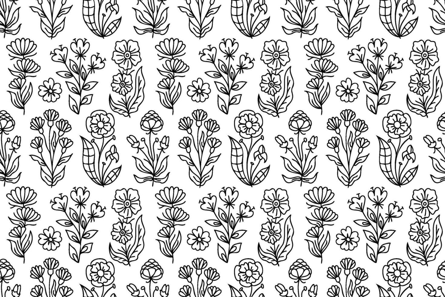 Line art hand drawn flowers seamless pattern. Floral pattern with decorative flower designs. Outline, contour spring flowers Botanical sketches, wildflower blossom, with hand drawn illustrations. vector
