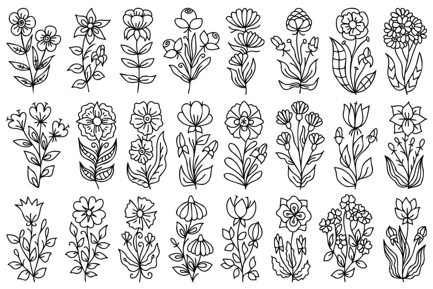 Line art hand drawn flowers. Floral set with decorative flower designs. Outline, contour spring flowers collection with black thin line. Botanical sketches, wildflower blossom, floral illustrations. vector