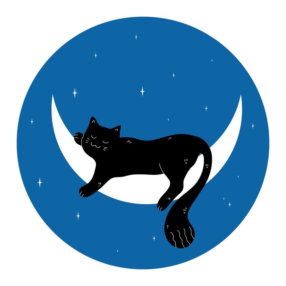 Cute black cat sleeping on a crescent on blue night sky background. illustration vector