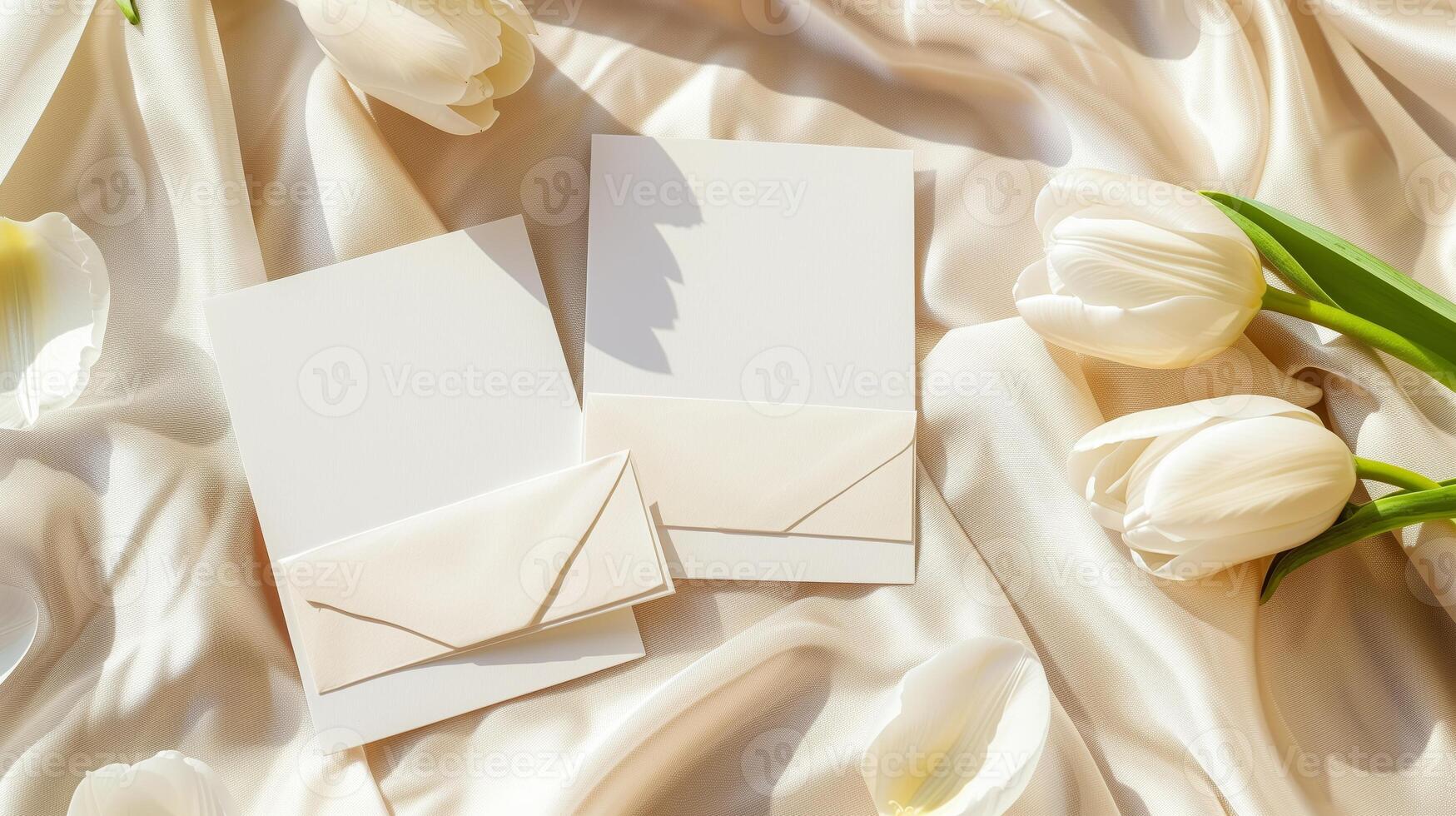 Two white postcards with small white tulips and flower petals around on a baige background. photo