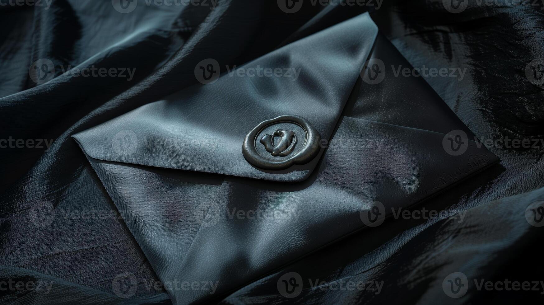 A luxurious black envelope lying on a richly textured satin cloth background. photo
