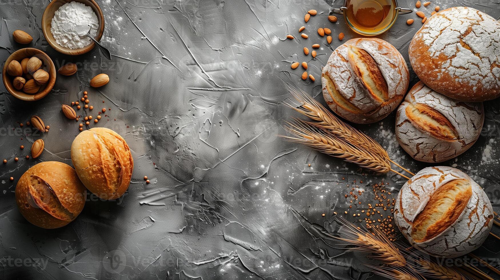Freshly baked breads surrounded by food and spices on dark background. photo