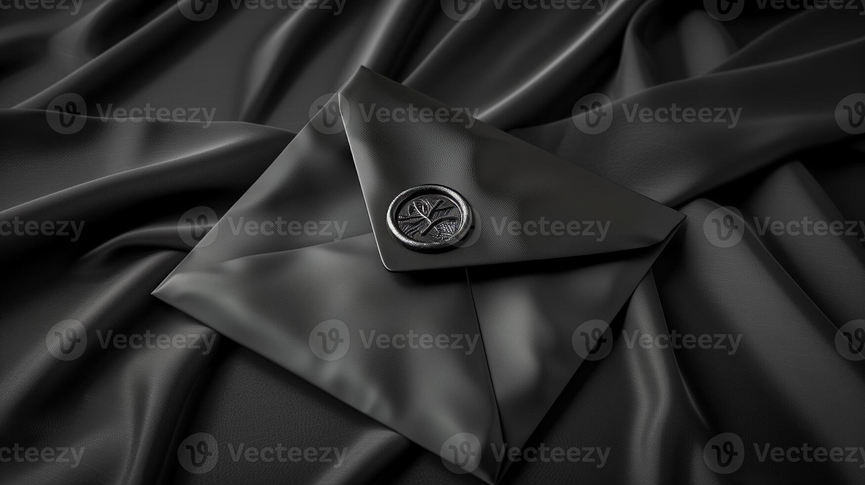 A luxurious black envelope lying on a richly textured satin cloth background. photo