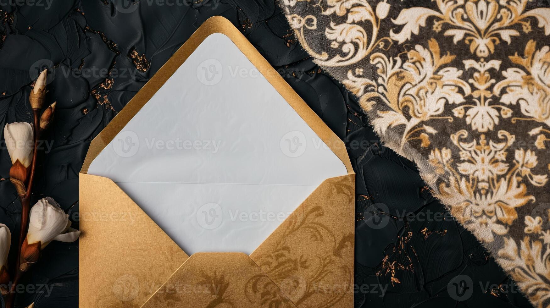 An envelope with gold foil on it, with the top open placed against a dark background. photo