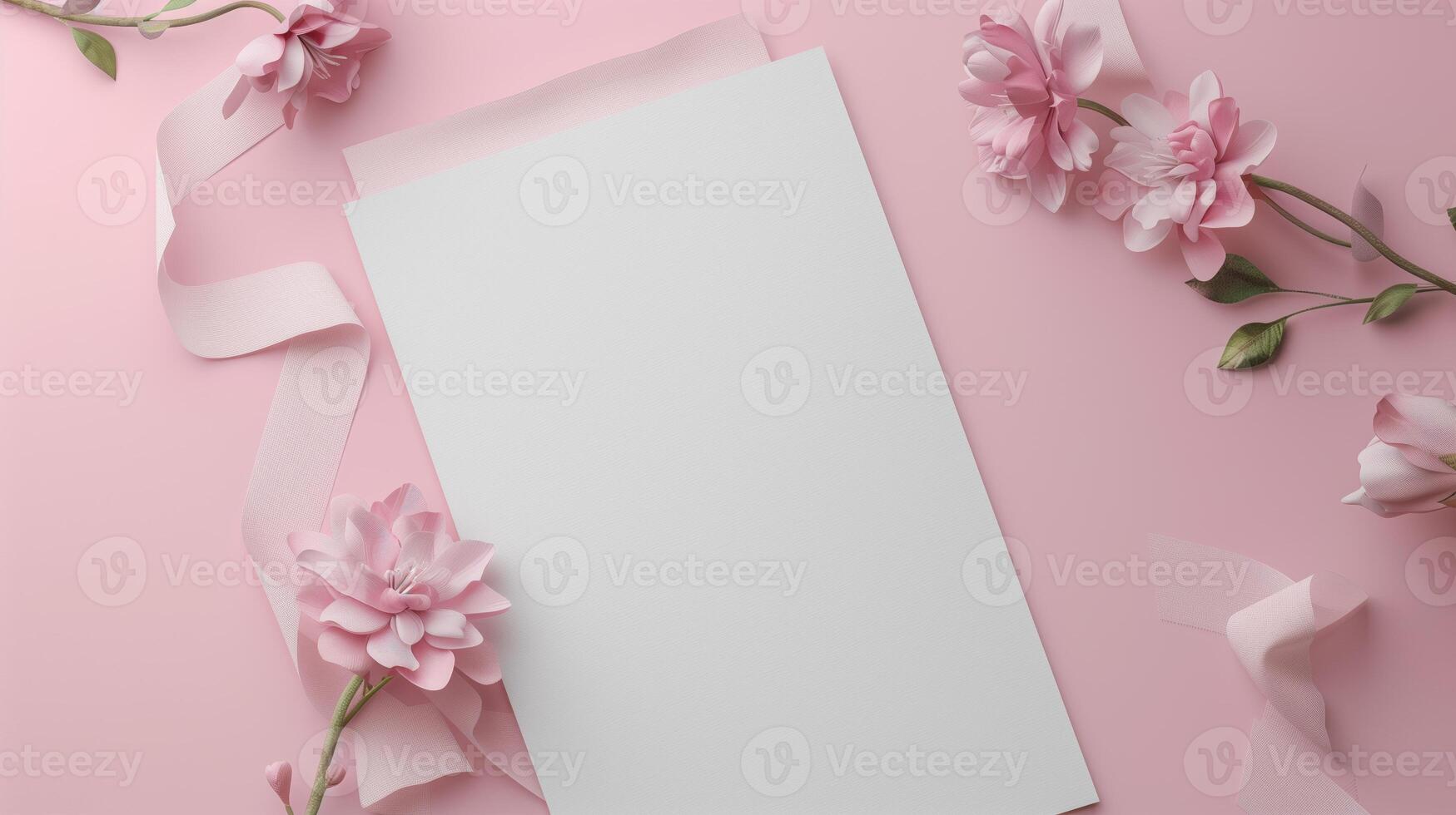 A wedding invitation with flowers and ribbon on a pink background. photo