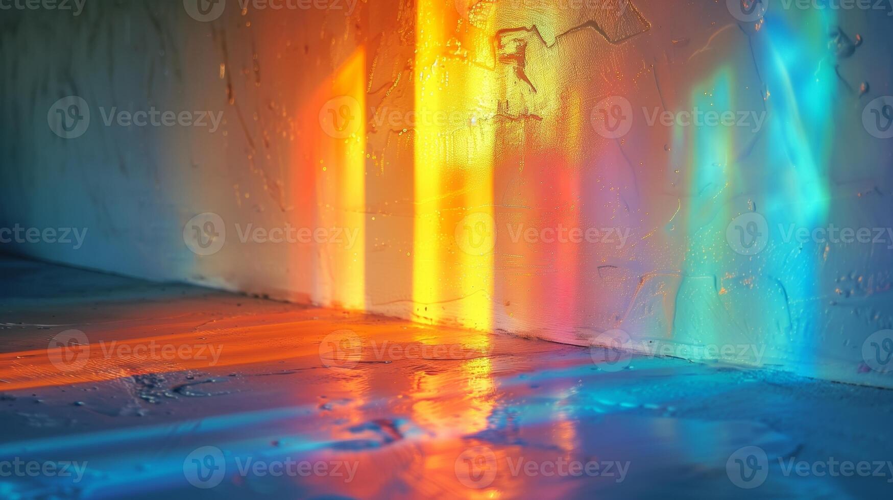 Macro detail of rainbow light rays on a white wall. photo