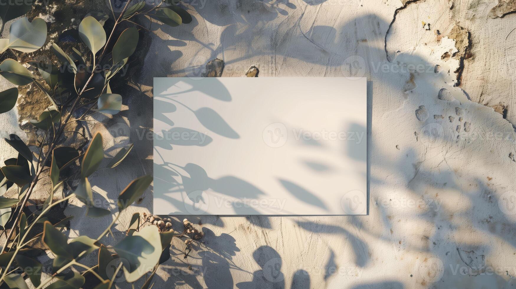 A lat lay card mockup adorned with eucalyptus branche and flowers. photo