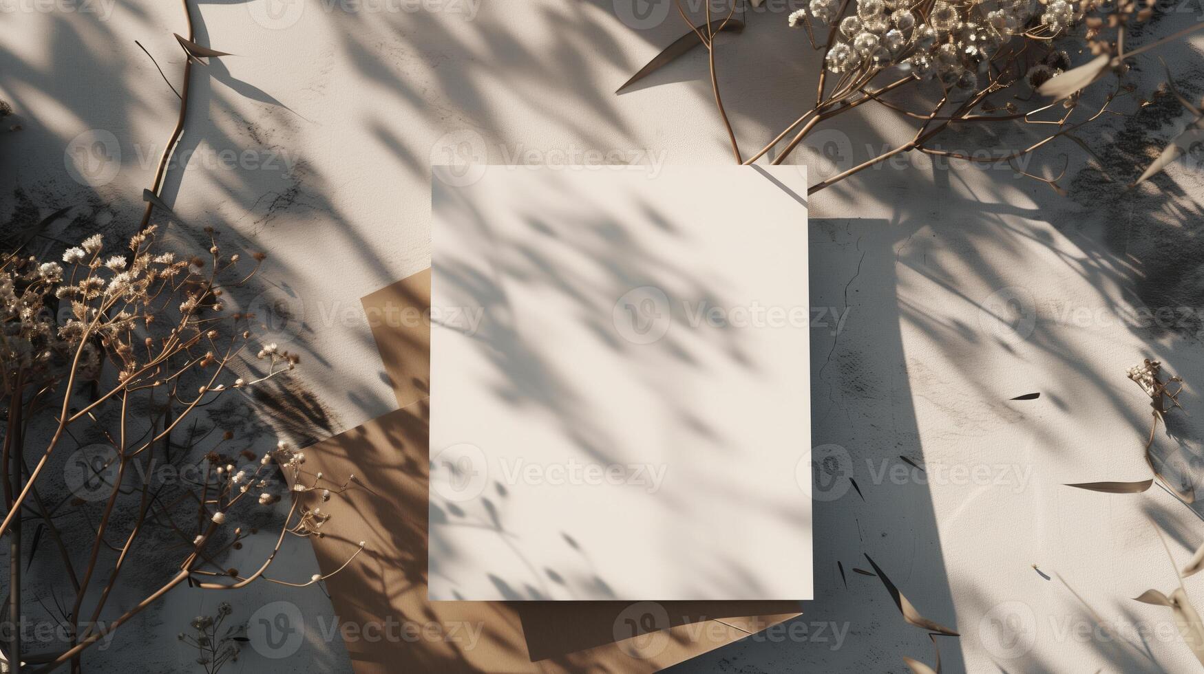 A light white and light brown blank invitation mockup with dried flowers and many shadows. photo