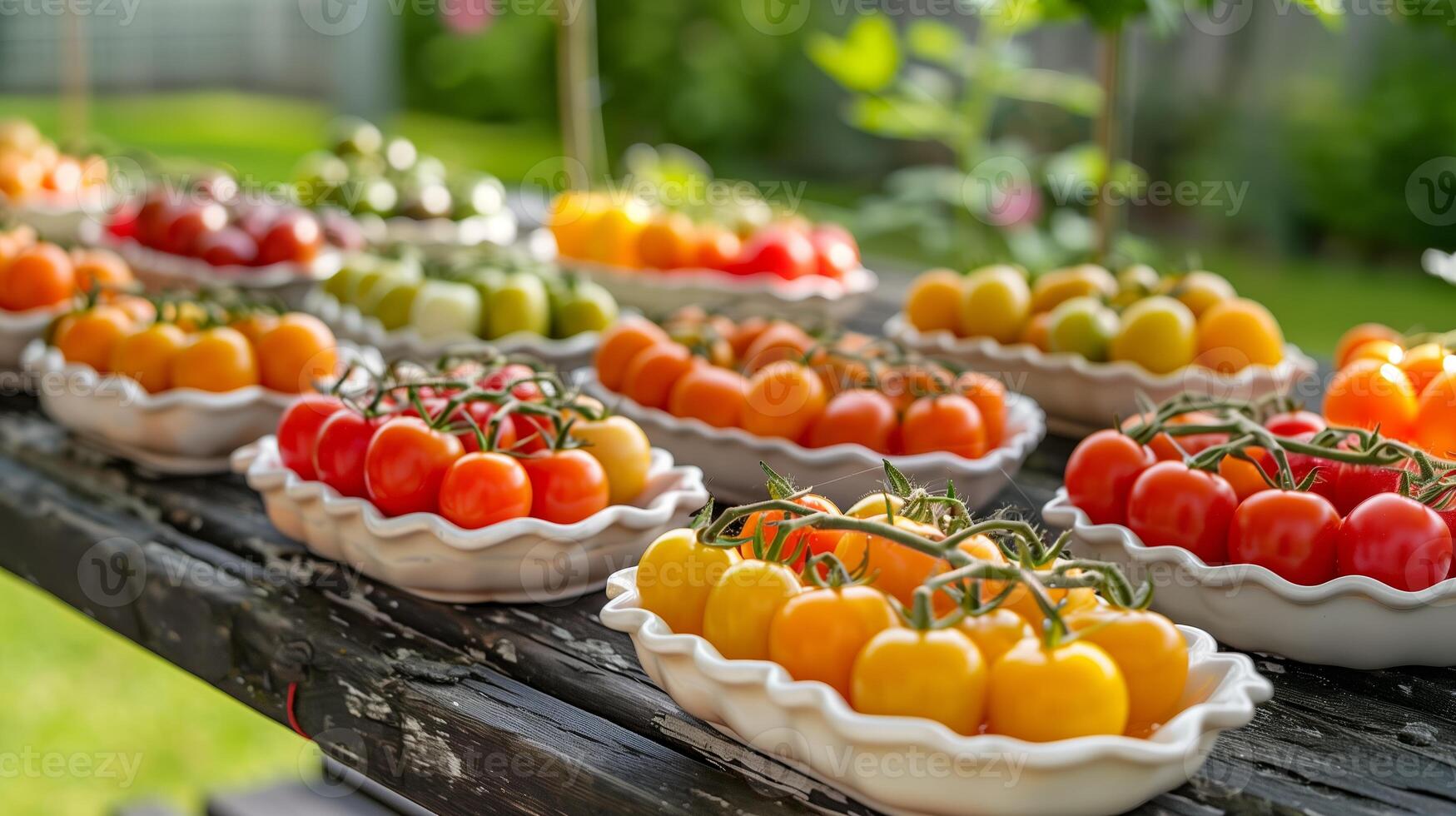 A variety of small tomatoes are displayed on a wooden table. photo