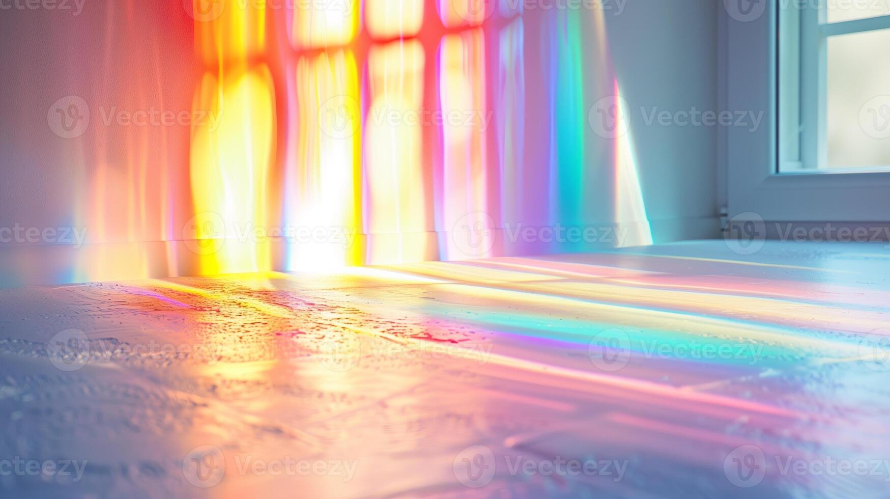 Macro detail of rainbow light rays on a white wall. photo