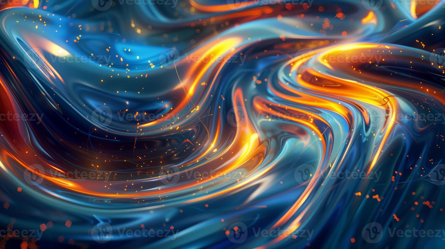 An abstract background with swirling colors of blue and orange with golden glowing lights. photo