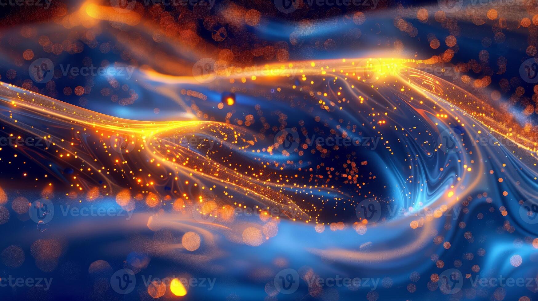 An abstract background with swirling colors of blue and orange with golden glowing lights. photo