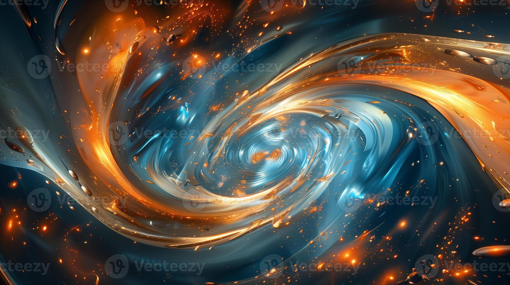 An abstract background with swirling colors of blue and orange with golden glowing lights. photo