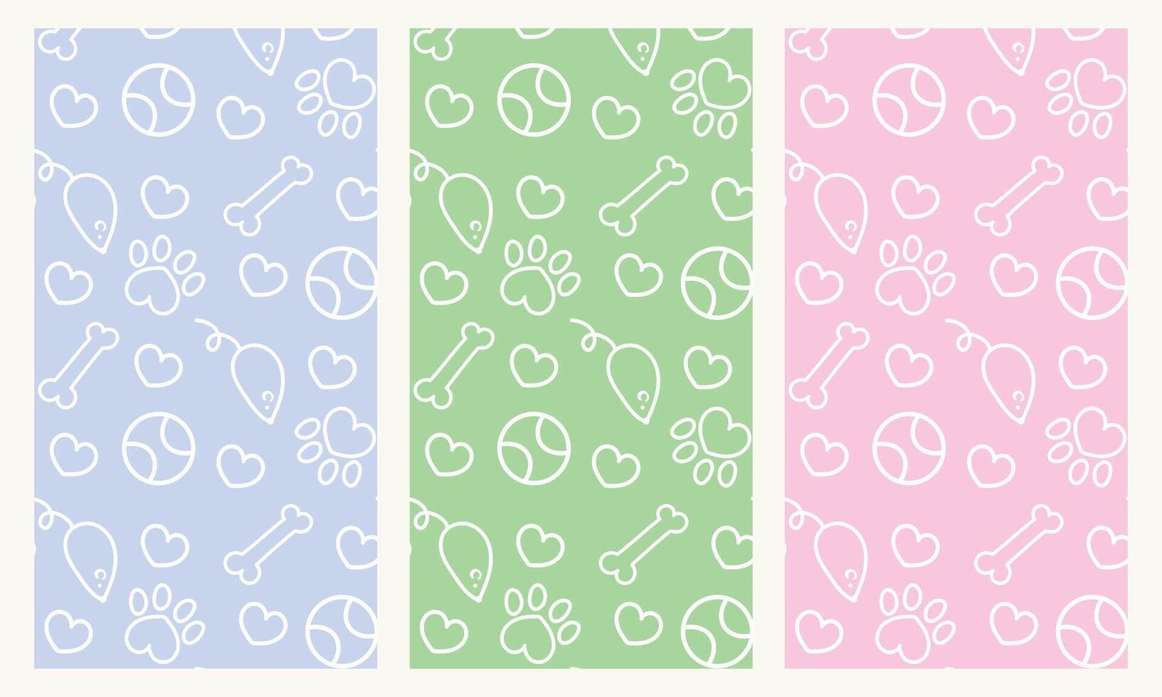 Set of cute seamless patterns of pets. Simple outline drawing. Images of a bone, ball, mouse, paw, heart. For textiles, prints, promotional materials. For veterinary clinics, shelters, pet stores. vector