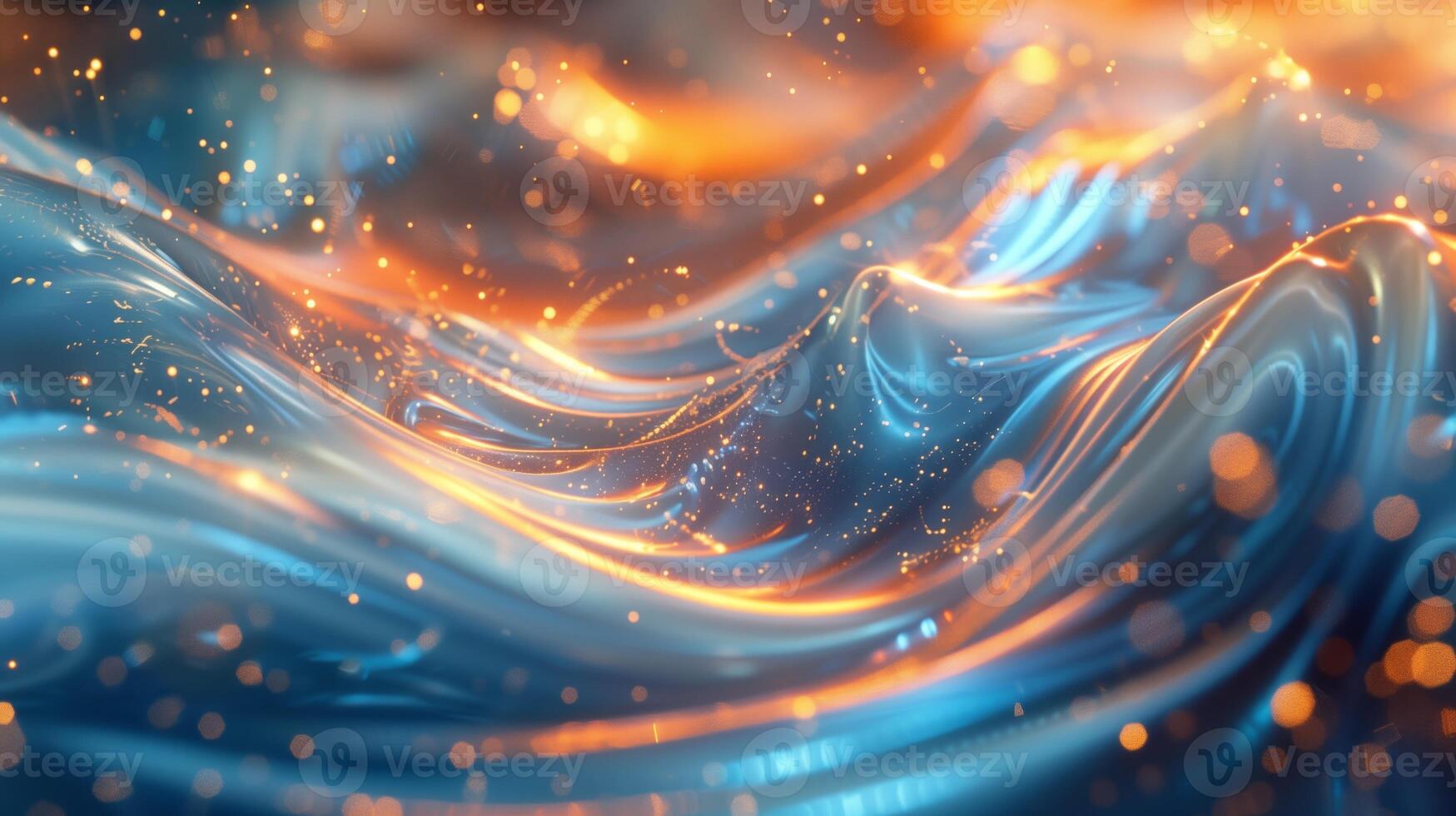 An abstract background with swirling colors of blue and orange with golden glowing lights. photo