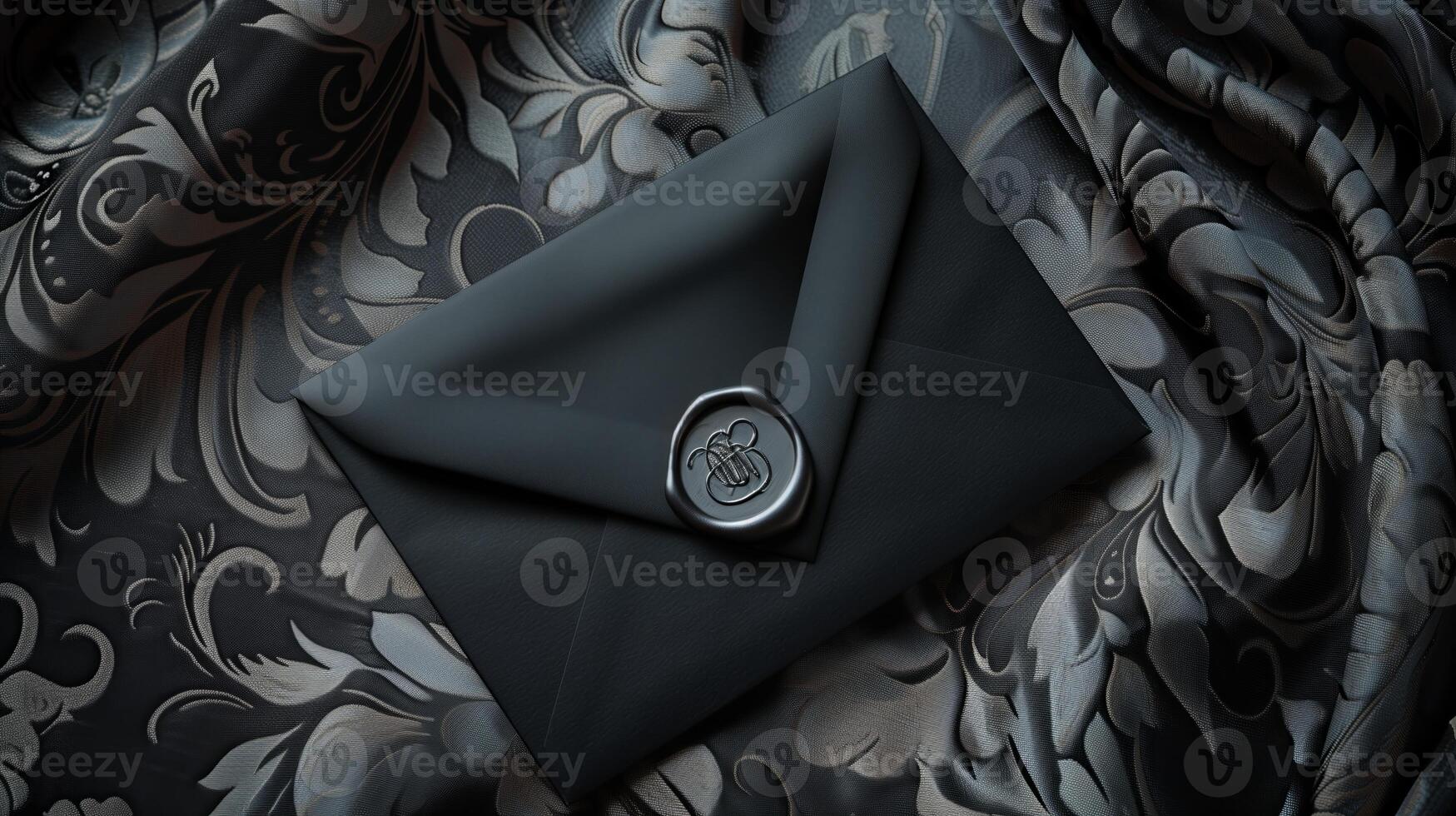 A luxurious black envelope lying on a richly textured satin cloth background. photo