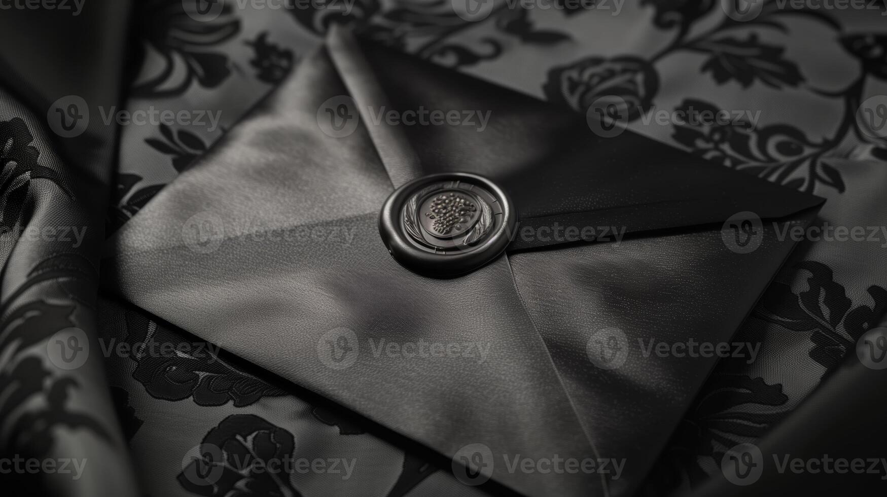 A luxurious black envelope lying on a richly textured satin cloth background. photo