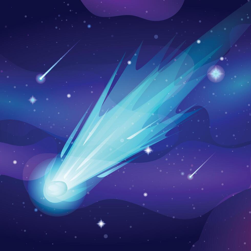 Sparkling comet falls with blue speed trail in sky space. Cartoon illustration vector