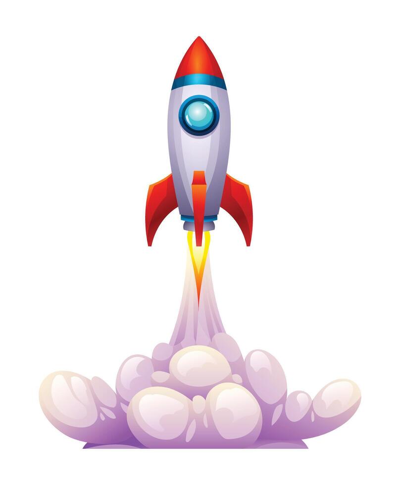 Rocket takes spewing smoke. Cartoon illustration isolated on white background vector