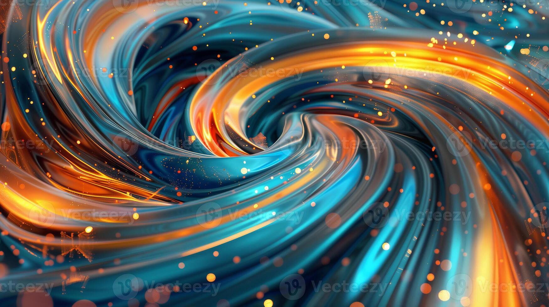 An abstract background with swirling colors of blue and orange with golden glowing lights. photo