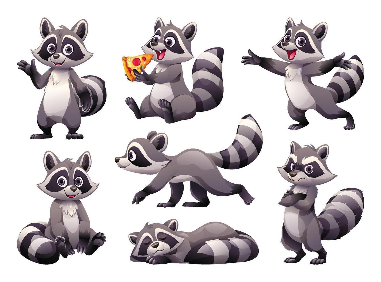 Set of raccoon in various poses. Cartoon illustration vector