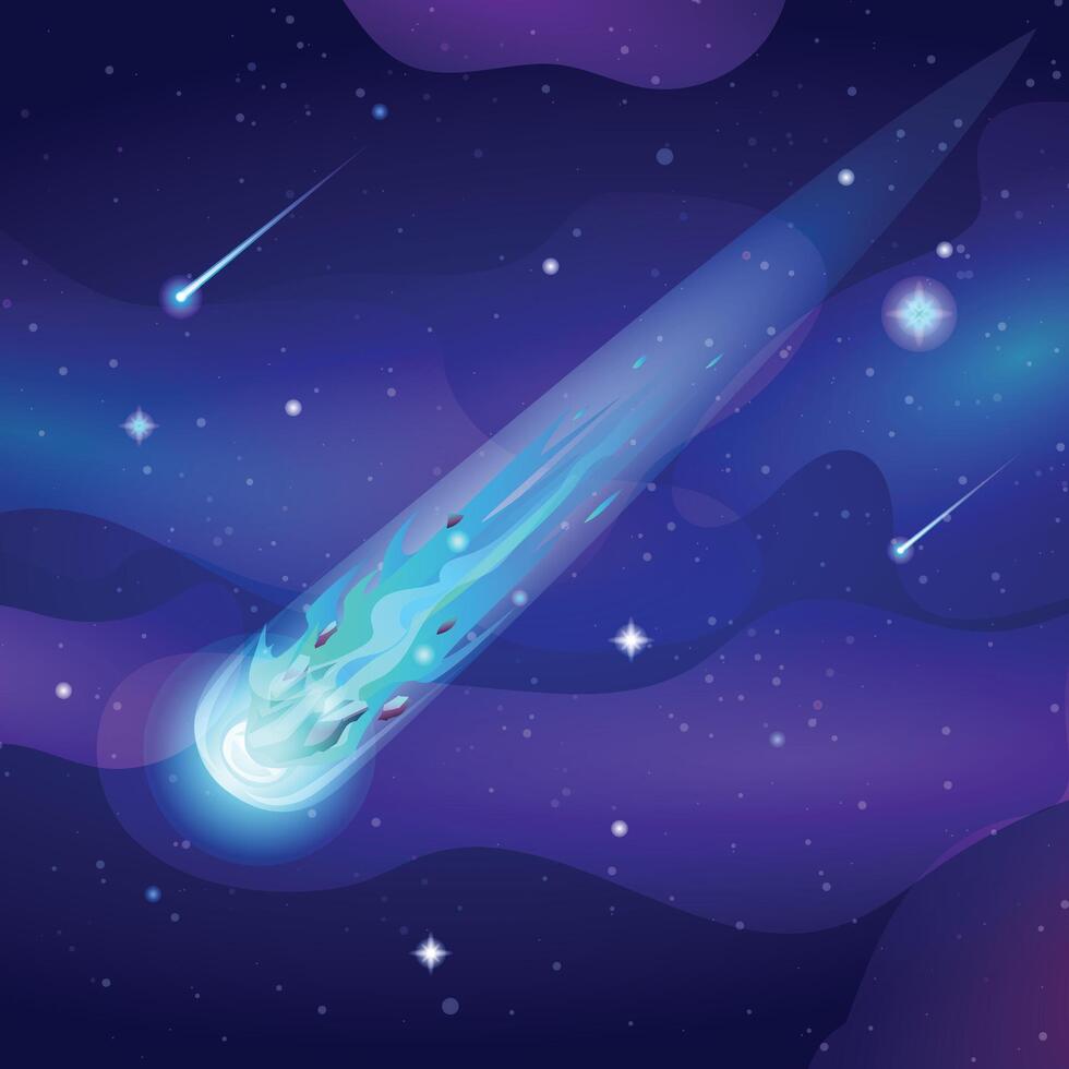 Comet falls with blue fire trail in the starry sky space. Asteroid or