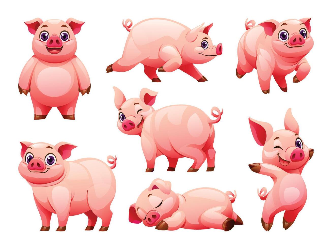 Set of pig in various poses. Cartoon illustration vector