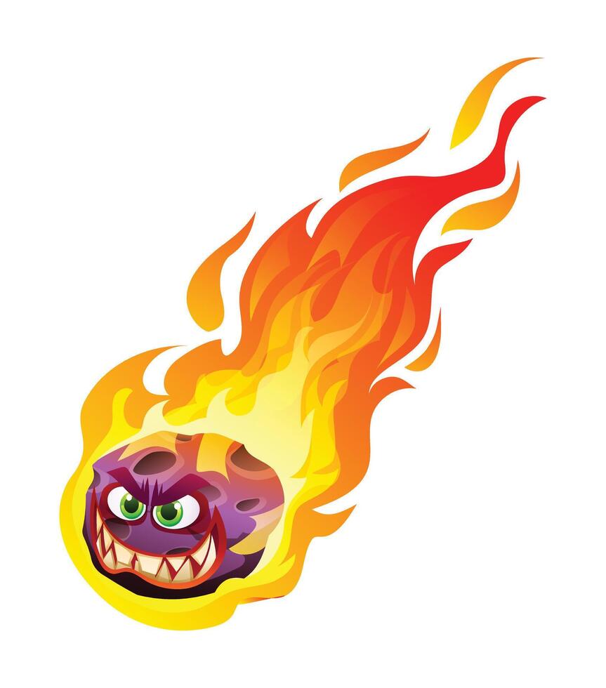 Cartoon comet with face falling down with fire trail. Cartoon illustration isolated on white background vector