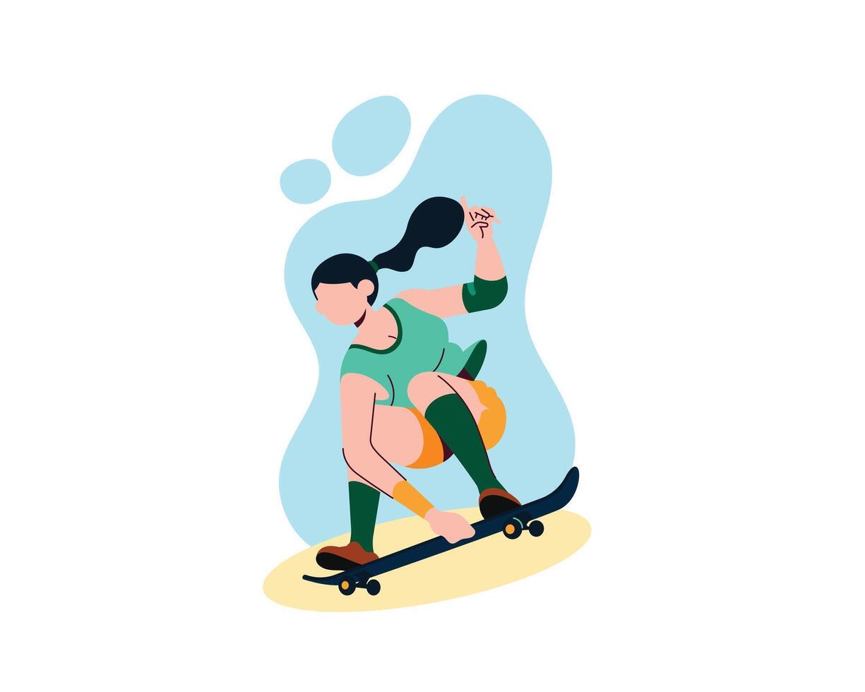 Energetic young woman crouching pose in skate board game. sport and recreation activities concept. Simple flat design in active healthy lifestyle illustration vector