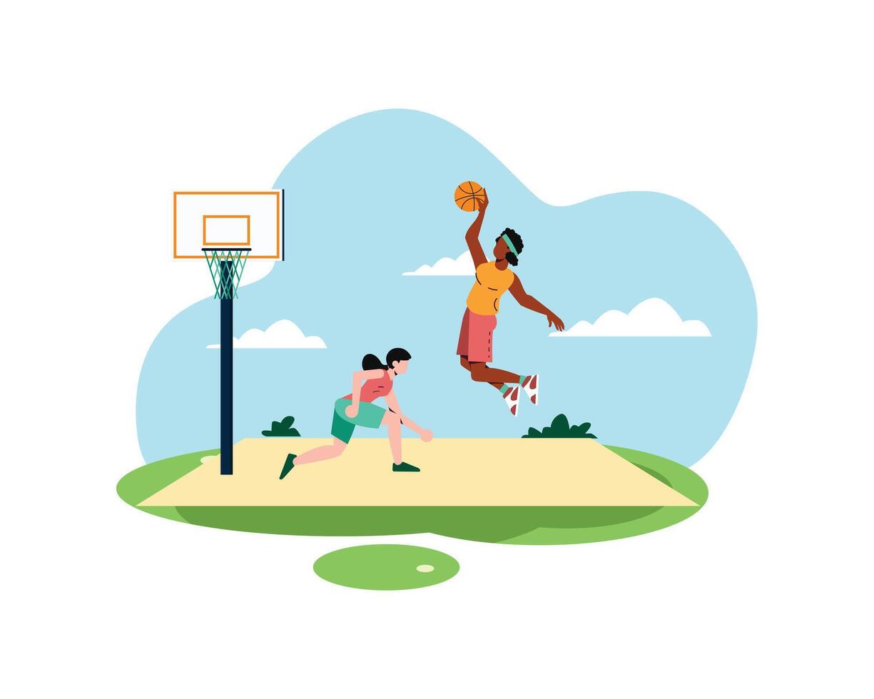 Two women playing basketball are practicing and one is going to do a slam dunk. sport and recreation concept. Healthy lifestyle illustration in flatstyle design vector