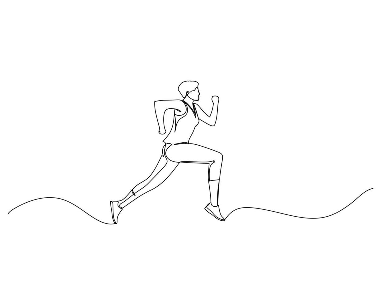 Continuous single line drawing of side view of woman with short hair is running fast on an uphill track. Healthy sport training concept. Competition event. Design illustration vector