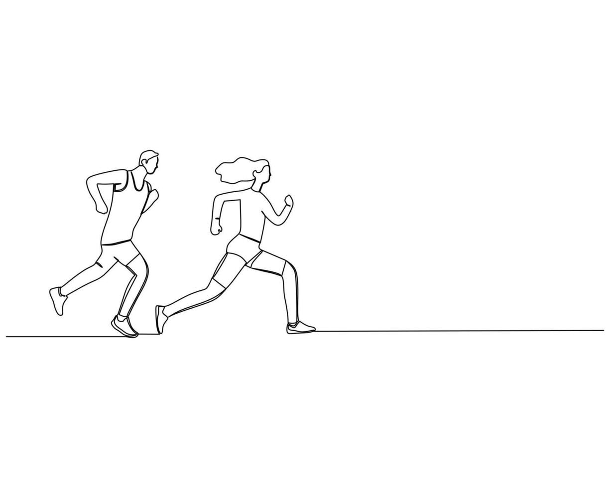 Continuous single line drawing of side view of a male runner running a race with a woman in front of him. Healthy sport training concept. Design illustration vector
