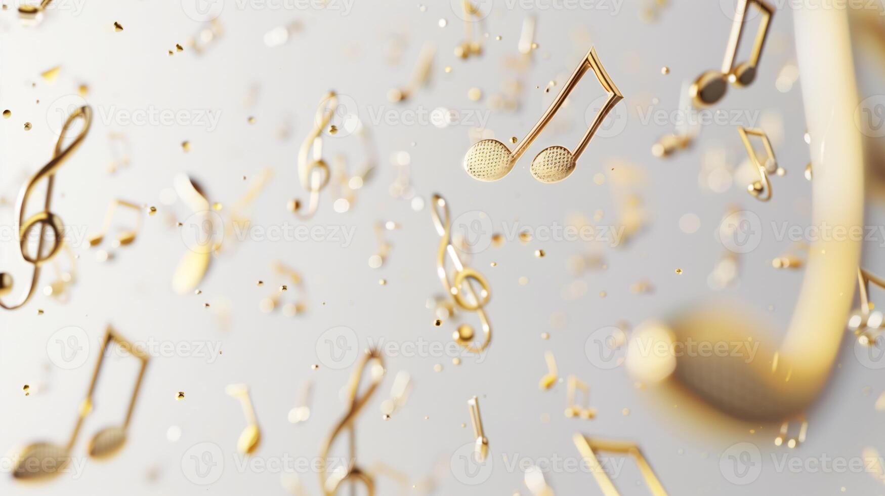 Golden music notes flying in the air against a white background, rendered in 3D. photo