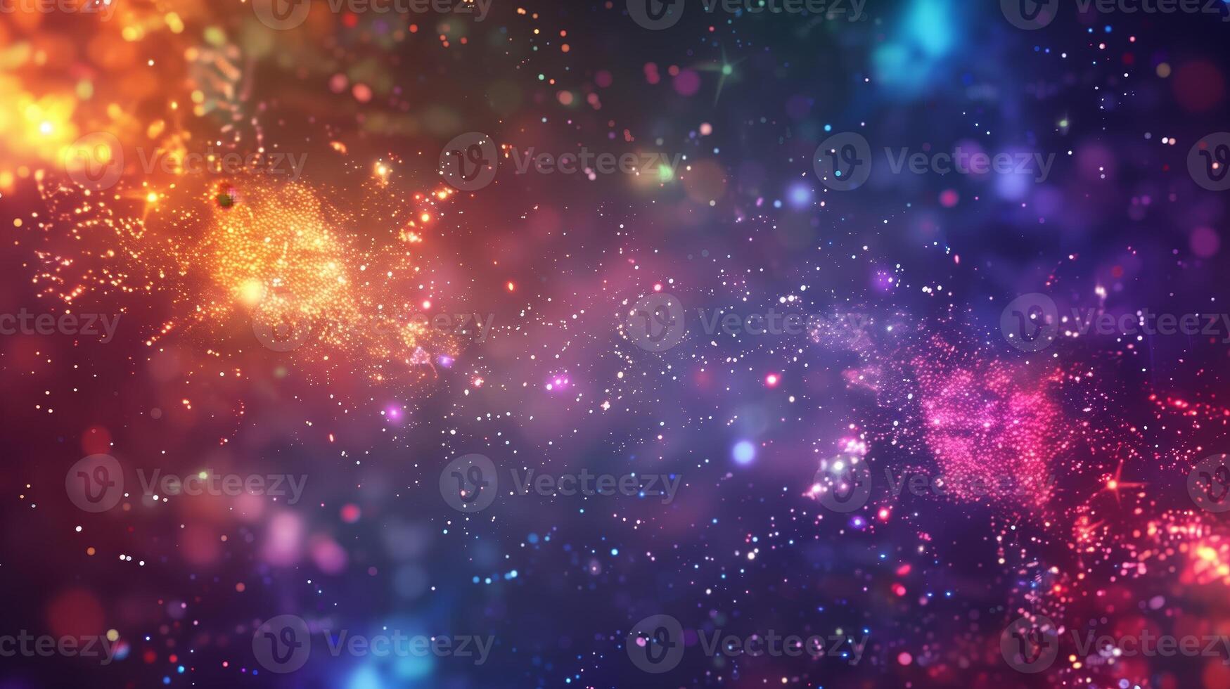 A background of colorful lights and bokeh particles in space. photo