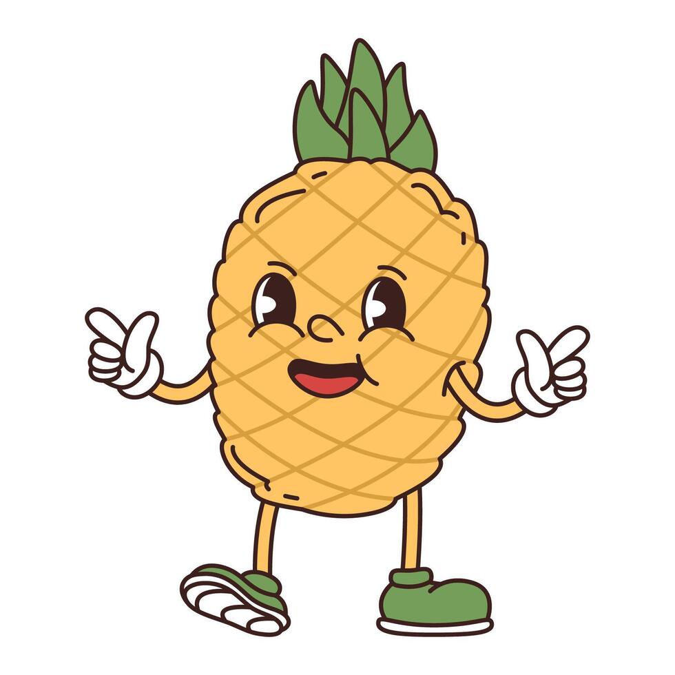 Retro groovy funny fruit. Naughty anthropomorphic character yellow pineapple on white background. flat illustration. vector