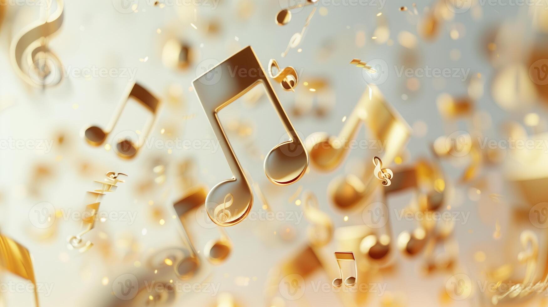 Golden music notes flying in the air against a white background, rendered in 3D. photo
