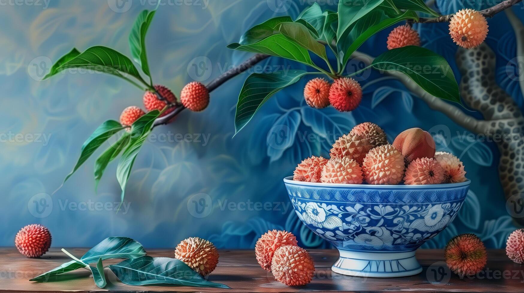 A bowl of pink red lychees in a blue and white porcelain bowl with patterns on a wooden table. photo