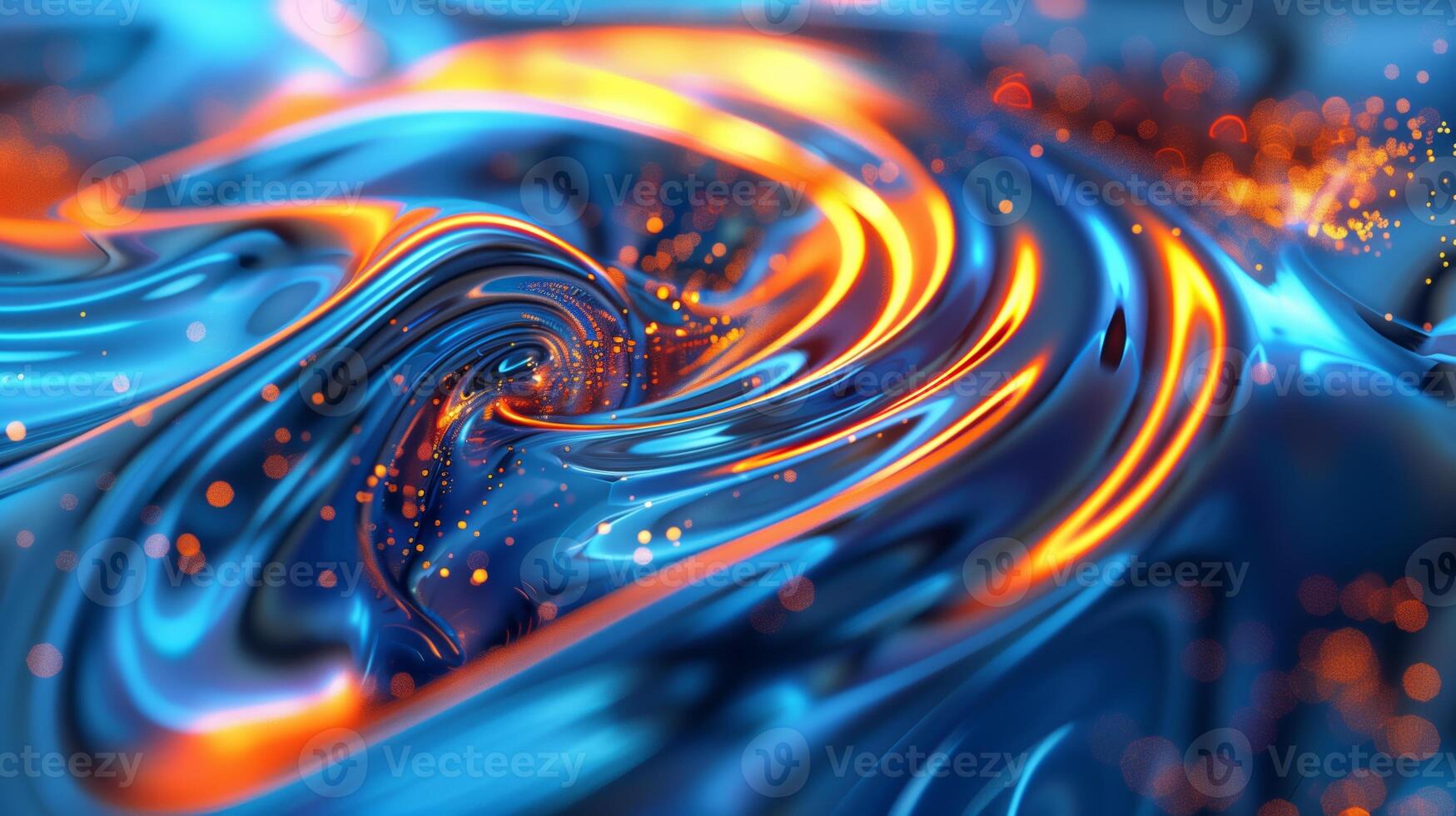 An abstract background with swirling colors of blue and orange with golden glowing lights. photo