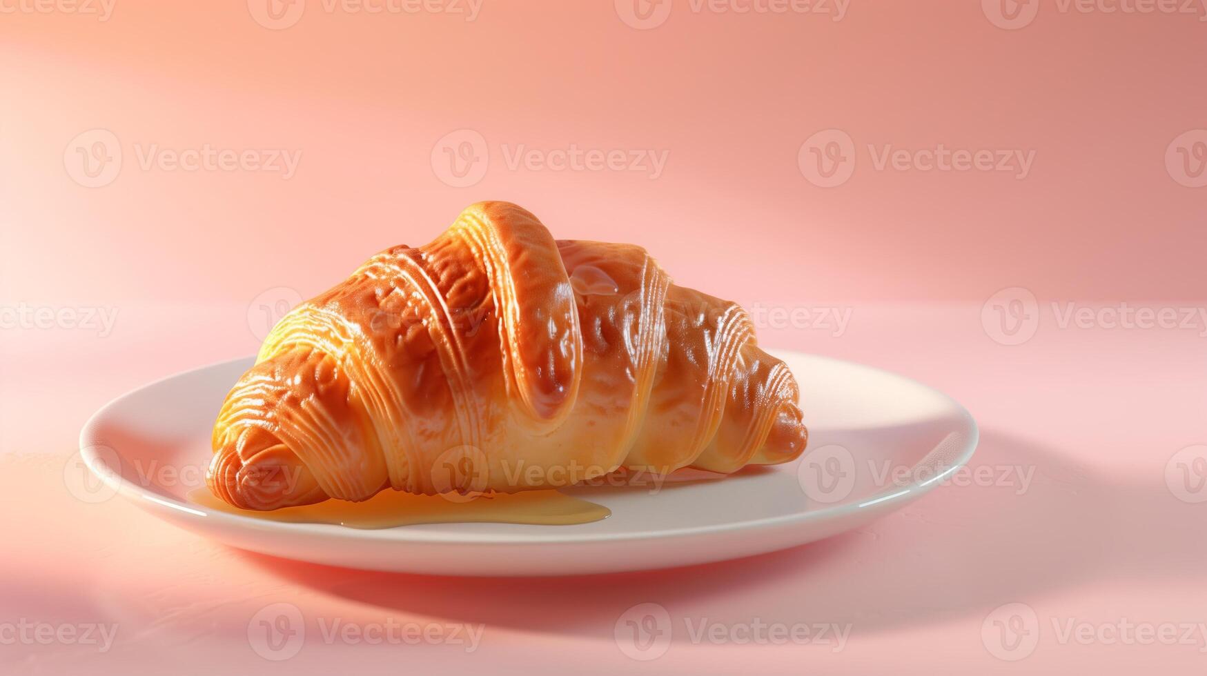 A croissant placed on a white porcelain plate, with a light drizzle of honey on a soft pastel background. photo