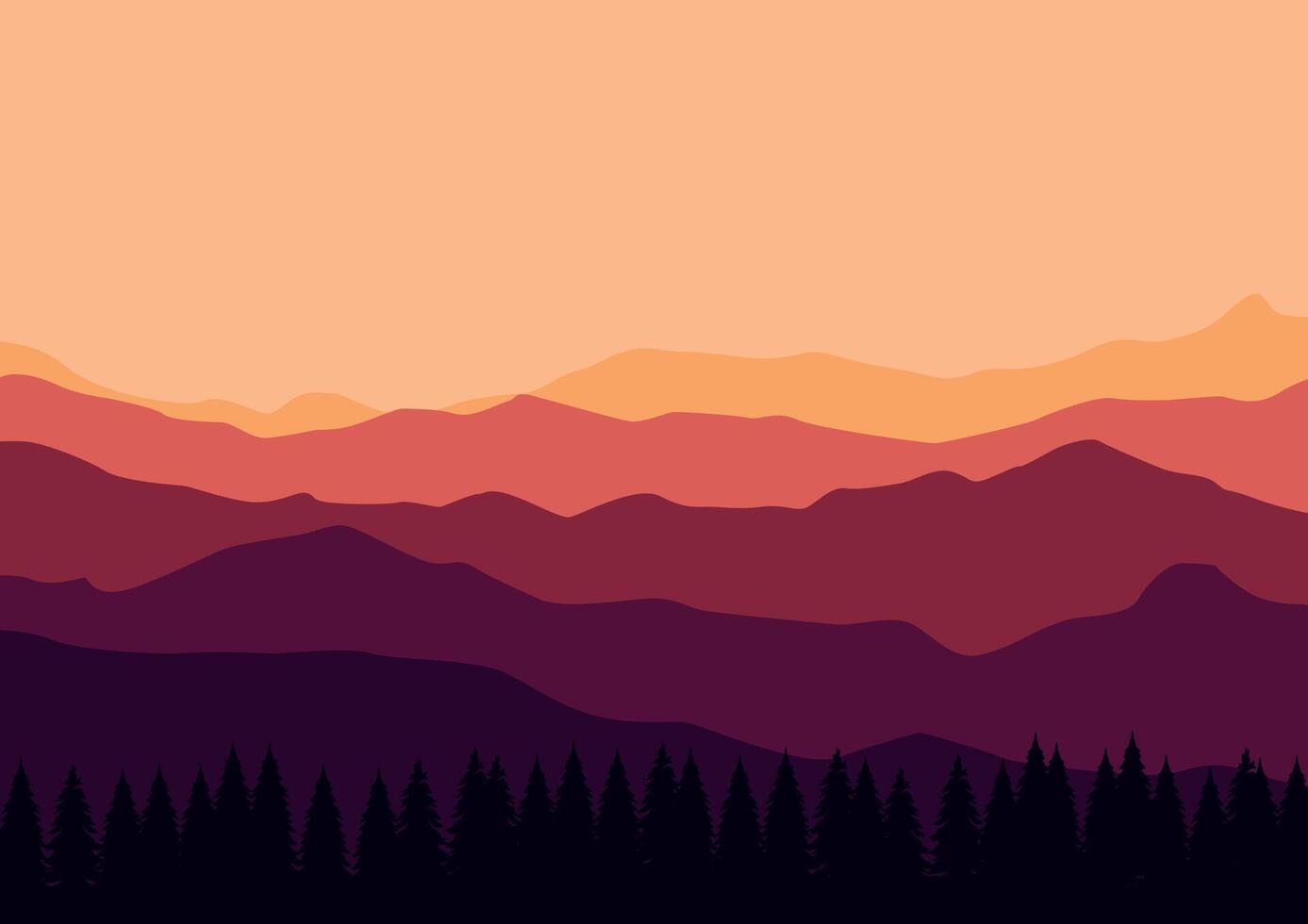 Mountains and pine forest panorama. Illustration in flat style. vector