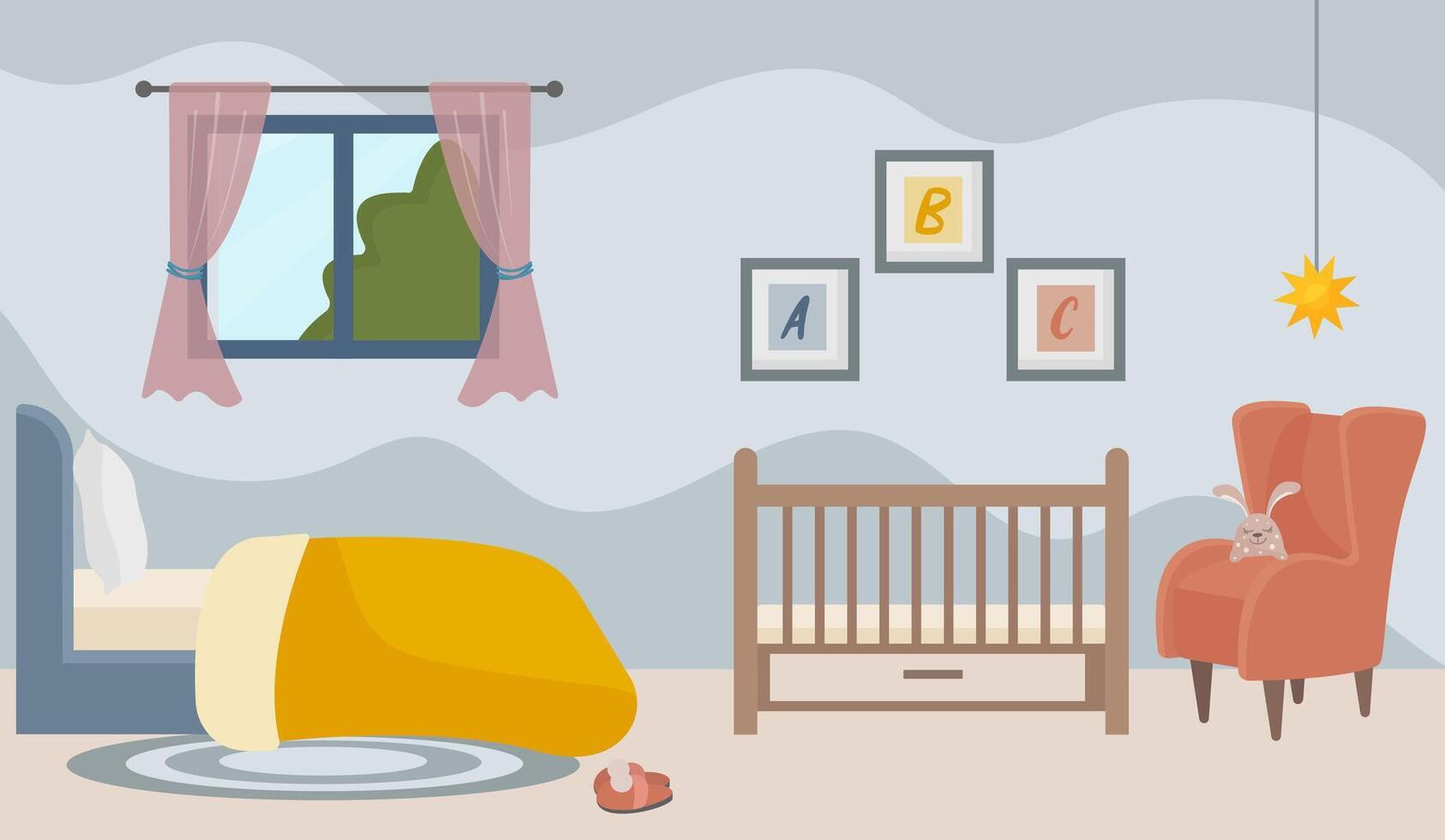 Interior of bedroom and nursery. Side view. vector