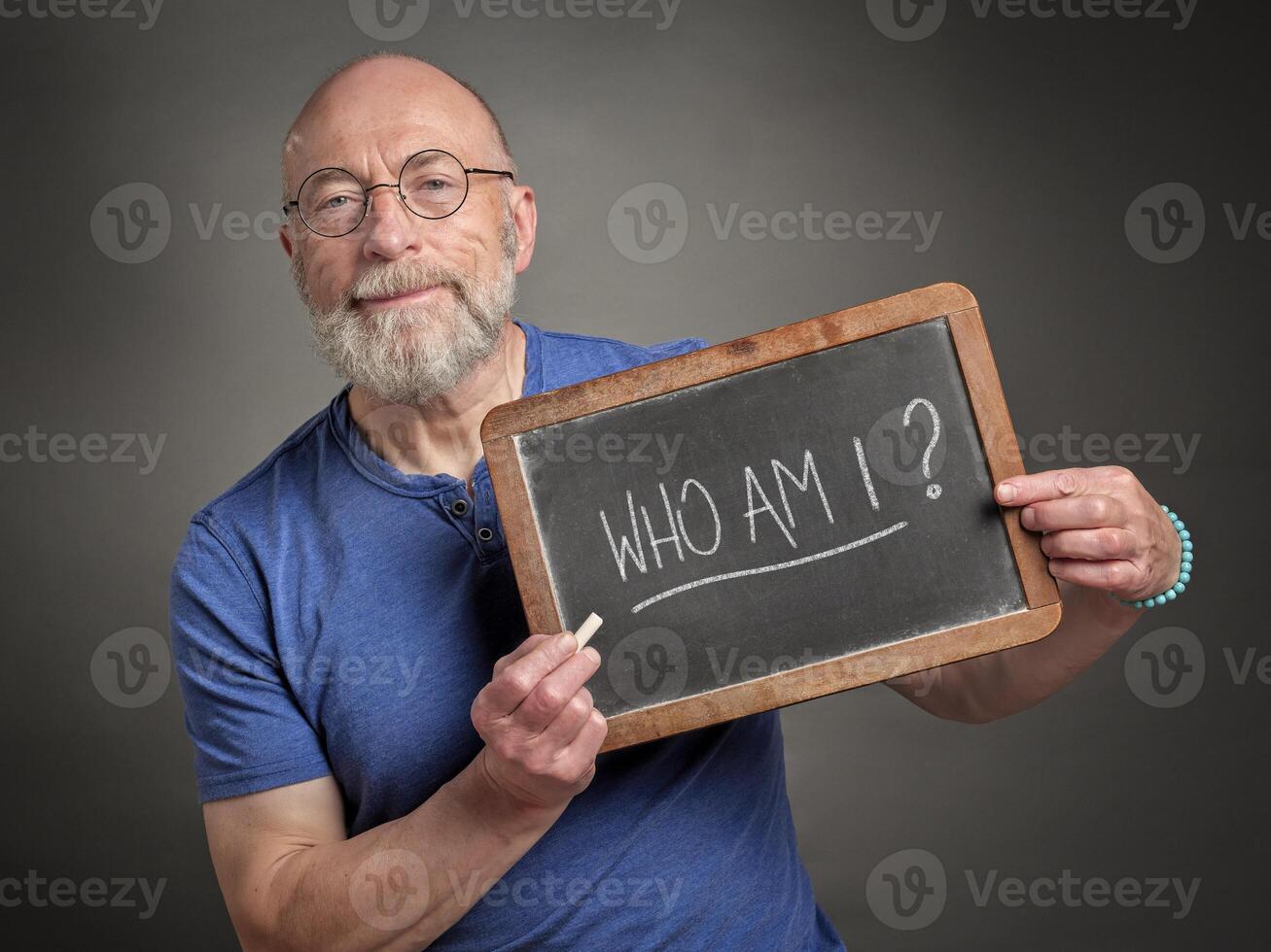 Who am I. Inspirational question on a blackboard. photo