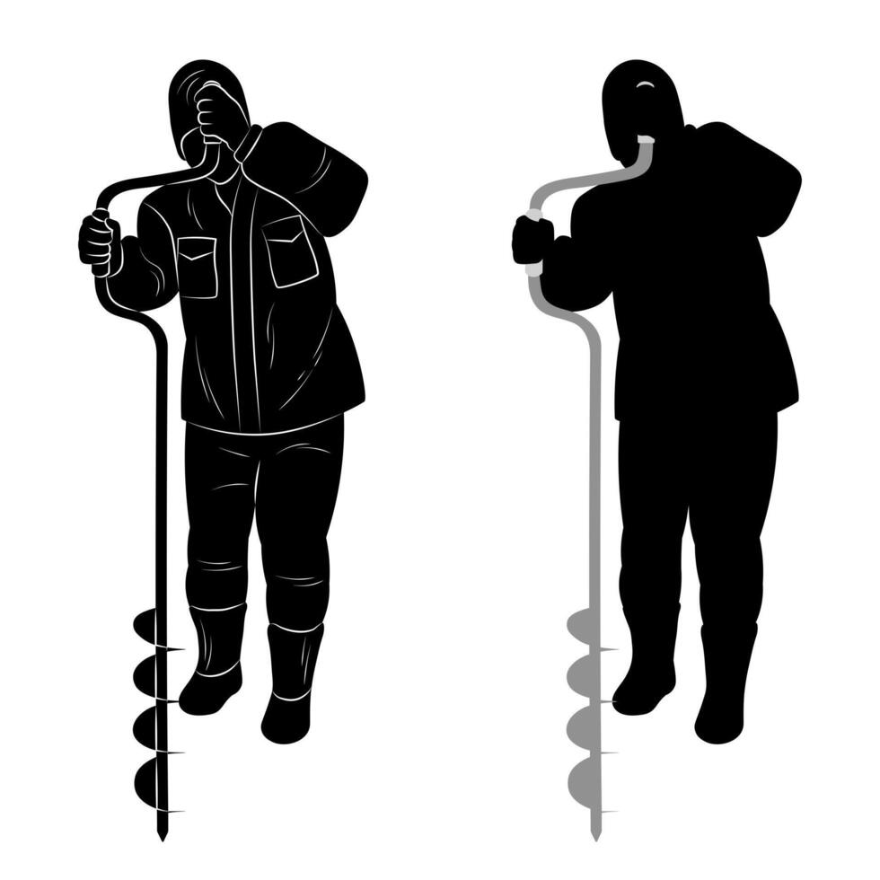 Black silhouette of a fisherman with an ice screw in his hands, winter fishing vector
