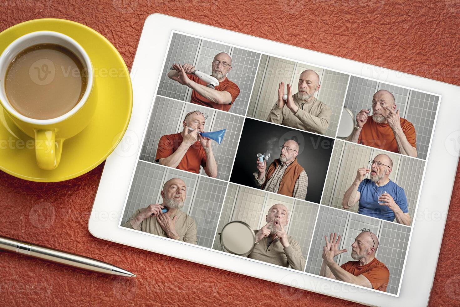 reviewing a set of studio portraits of a senior man photo