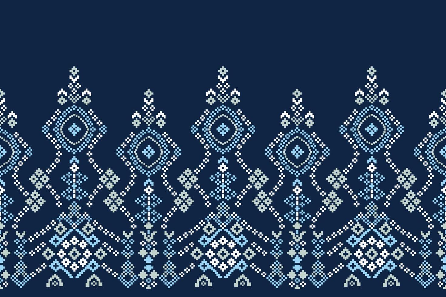 Traditional ethnic motifs ikat geometric fabric pattern cross stitch.Ikat embroidery Ethnic oriental Pixel navy blue background. Abstract,illustration. Texture,decoration,wallpaper. vector