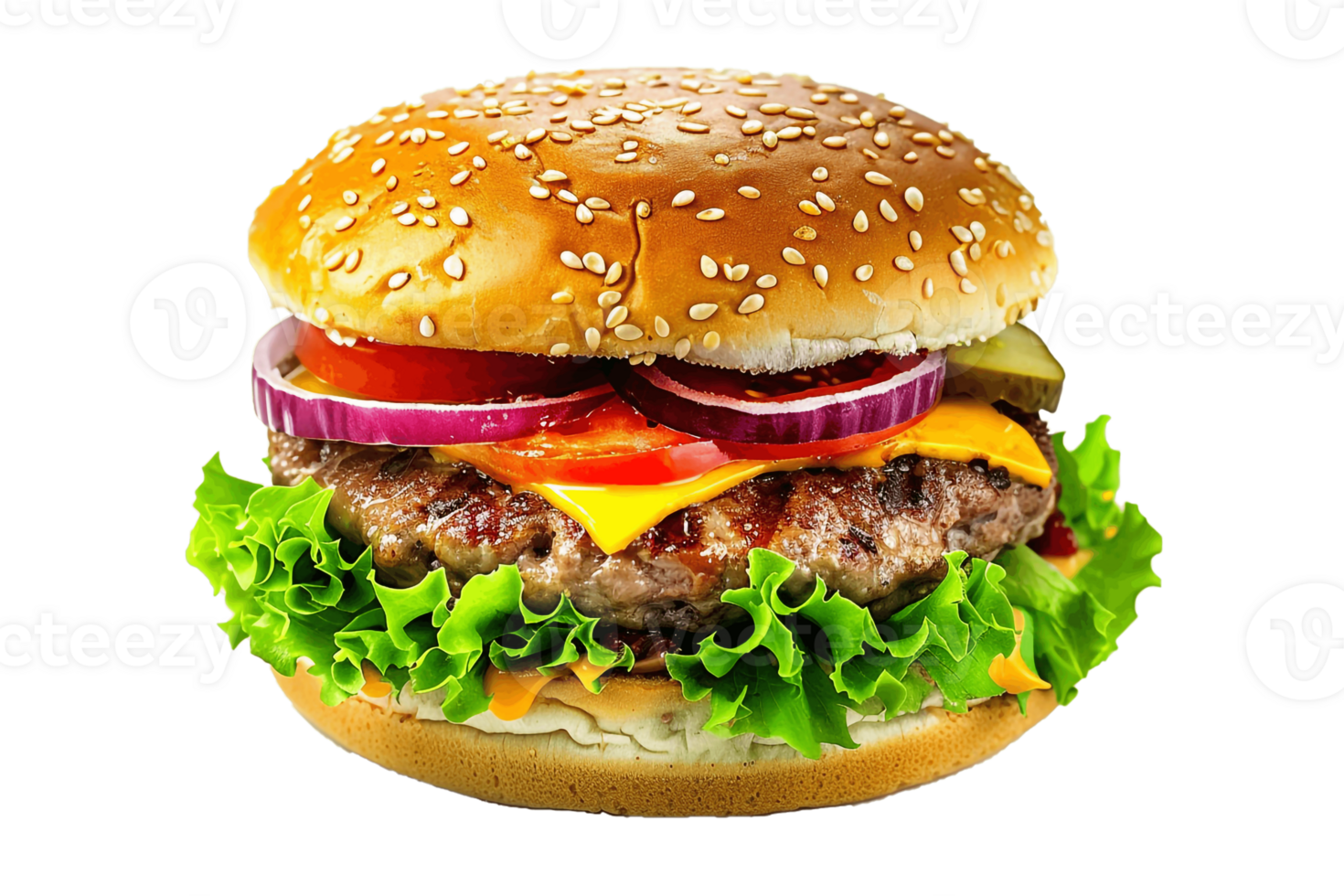 Big Cheeseburger With Beef, Lettuce, Tomato, Onion On Transparent Background, Big Burger Isolated , . png