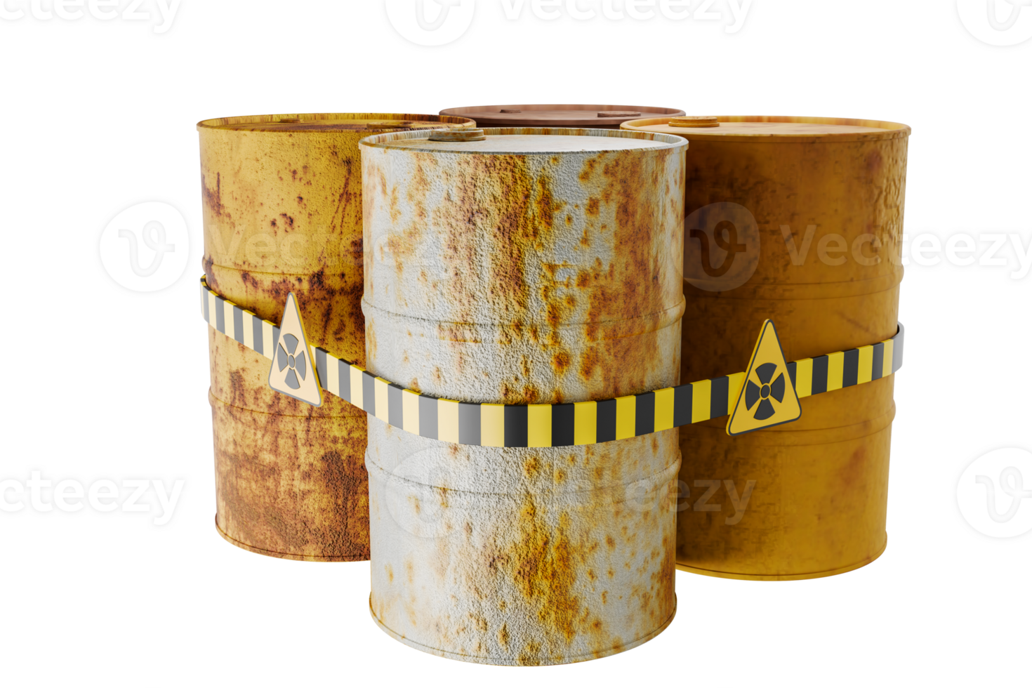 químico y radiación petróleo tanques, antiguo oxidado metal tanques con peligro señales, petróleo derrames o líquido objetos en el crudo petróleo industria, aislado en antecedentes. 3d ilustración, realista representación png