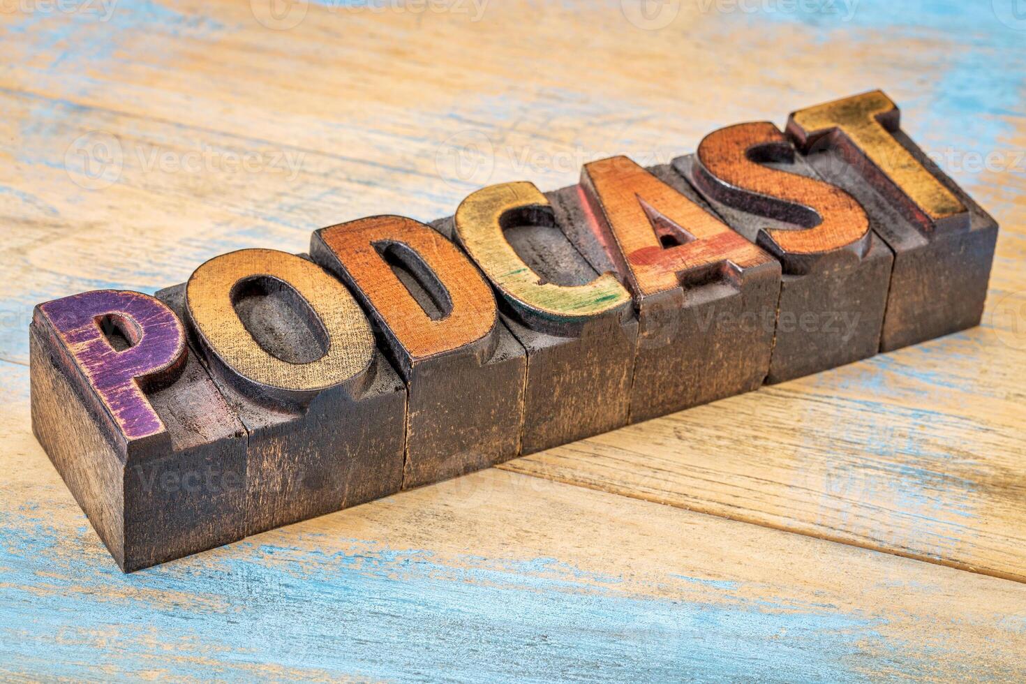 podcast banner in wood type photo